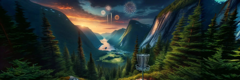 En disc golf kurv med en fjord i baggrunden og fyrværkeri på himlen